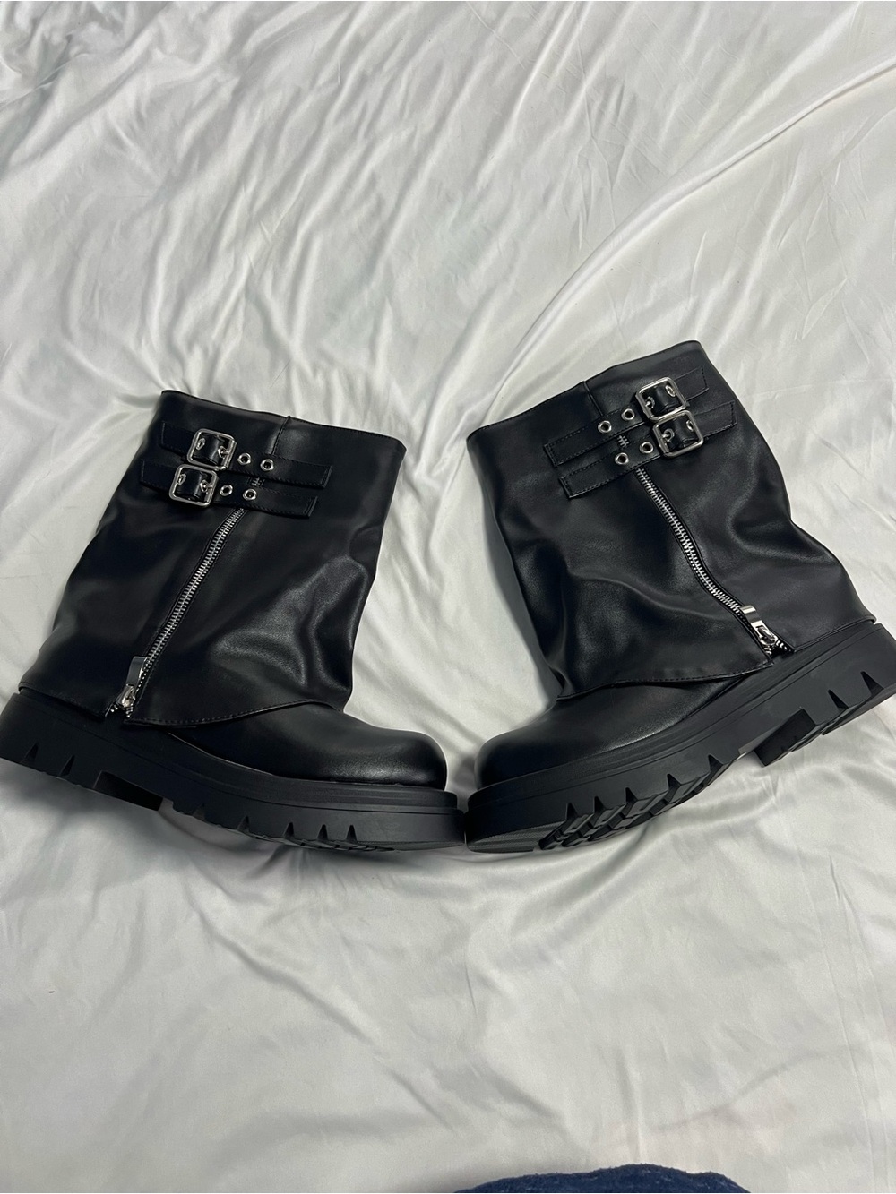 Women's Black Buckle Zip Combat Boots